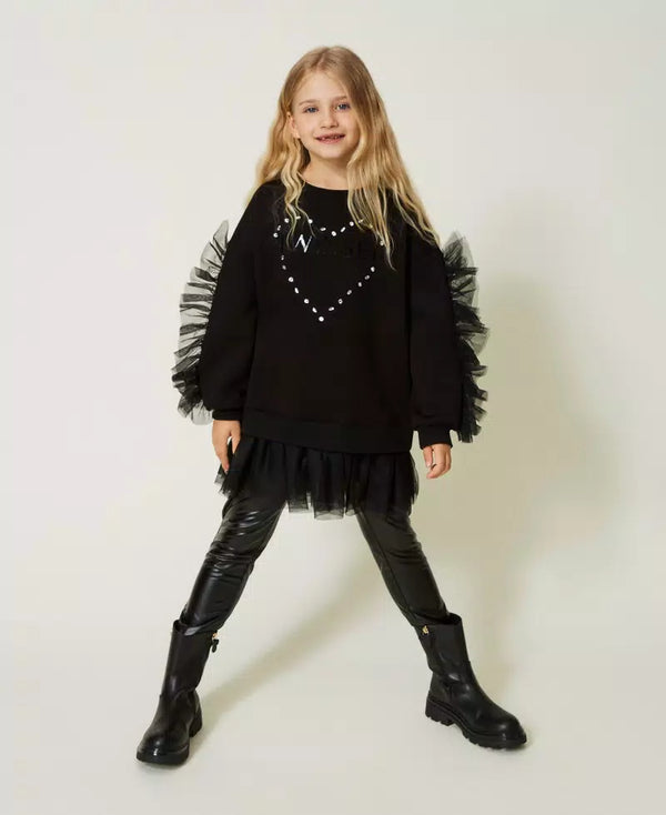 Maxi felpa con volant e leggings effetto pelle ragazza