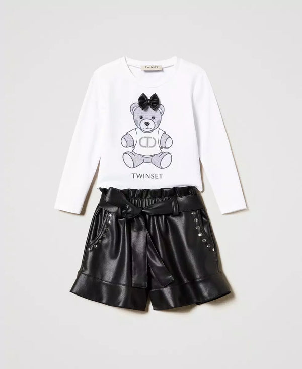T-shirt con stampa e shorts con volant bambina