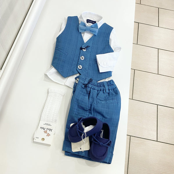 Completo 4 pezzi in blu denim con gilet camicia pantalone e papillon