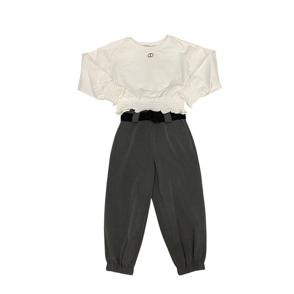 Felpa girocollo con punto smock con pantalone bambina