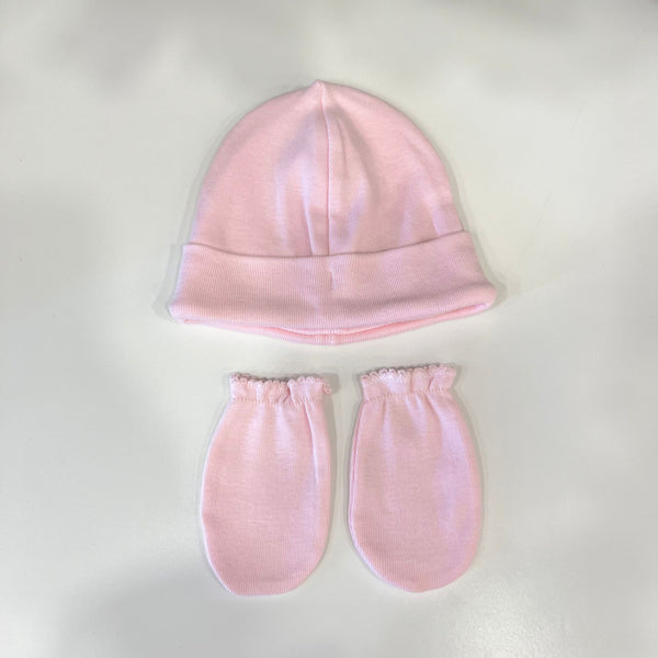 Set cappello e muffola in cotone con elastico al polso rosa