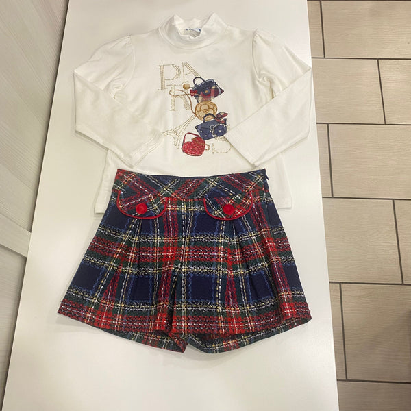Completo tartan con pantaloncino quadri bambina