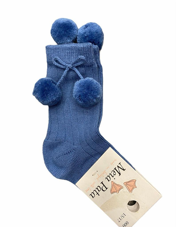 Sky blue ribbed high socks with ponpon