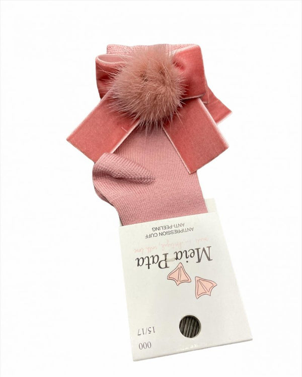 High maquillaje pink socks with velvet bow and fur pompon