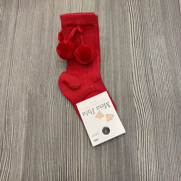 High ribbed red sock with pompoms