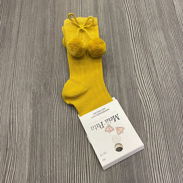 Mustard ribbed high sock with pompoms