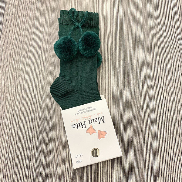 Green ribbed high socks with pompoms 1005