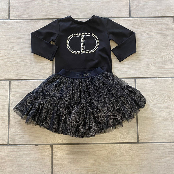 Completo shirt con applicazione e gonna tulle bambina