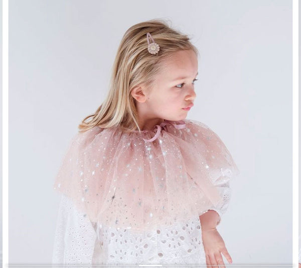 Powder pink tulle cape with silver details