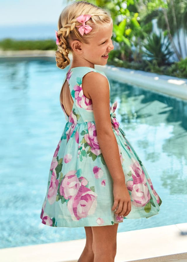 Printed dress with linen for girl 3913 aqua 3/8 years 