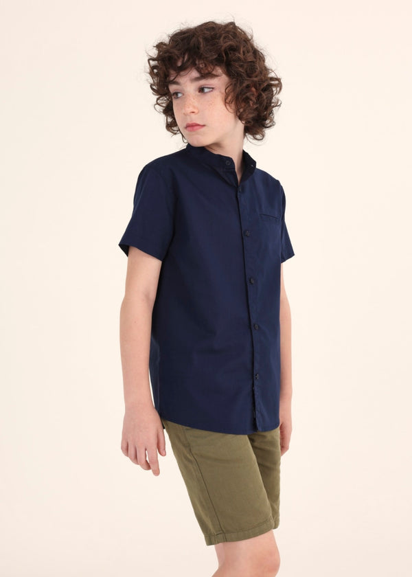 Blue boy's sustainable cotton mandarin collar shirt 10-16 years