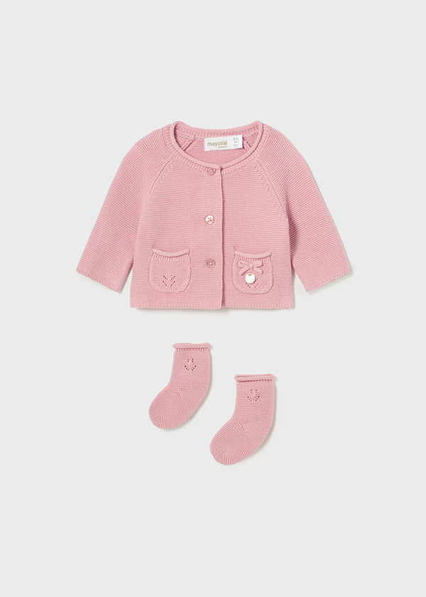 Sustainable cotton tricot baby girl 2-piece jacket with socks 1359 pink 