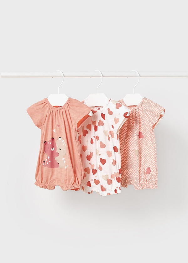 Set of 3 short sustainable cotton baby girl rompers 1760-peach 